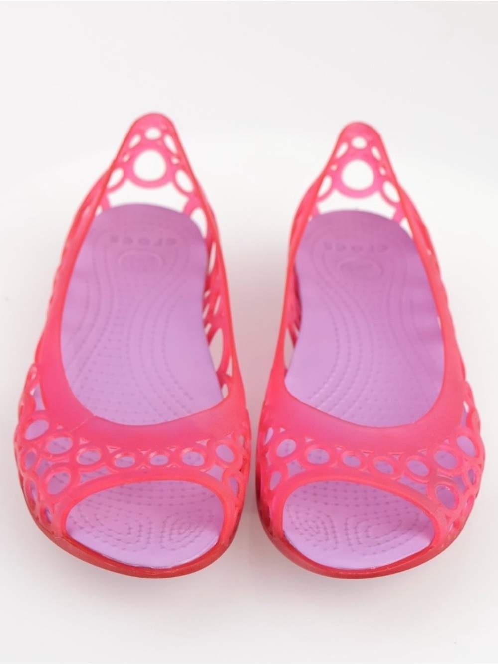 CROCS Adrina Jelly Flats, Pink & Purple, Cutout Details, Peep Toe, Size 9